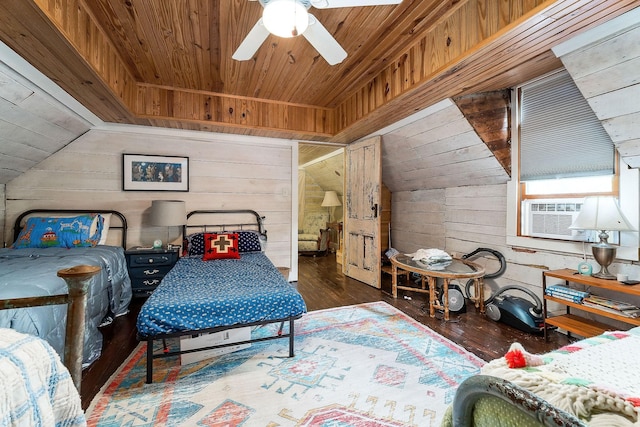 3975 Dry Creek Rd, Dowelltown, TN 37059 - bedroom with wooden walls, wood ceiling, hardwood / wood-style floors, and cooling unit