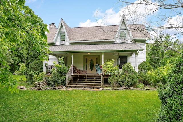 3975 Dry Creek Rd, Dowelltown, TN 37059 - view of front of home featuring a shingled roof, covered porch, a front lawn, stairs, and a chimney
