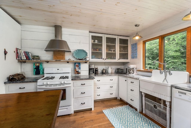 3975 Dry Creek Rd, Dowelltown, TN 37059 - kitchen featuring white appliances, white cabinets, glass insert cabinets, wood finished floors, and wood ceiling