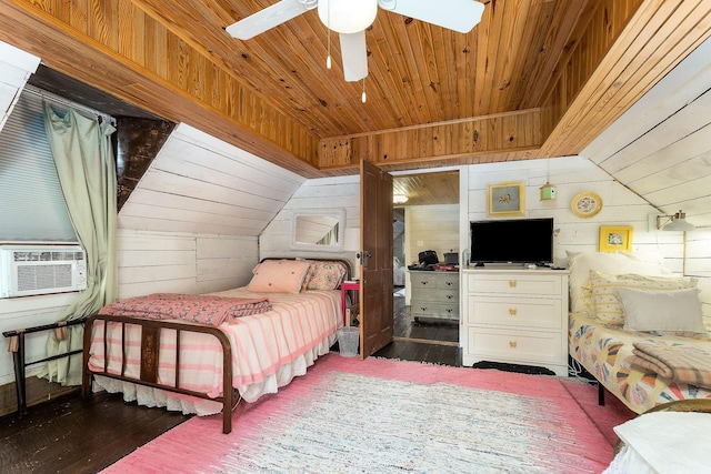 3975 Dry Creek Rd, Dowelltown, TN 37059 - bedroom with wooden walls, wood ceiling, cooling unit, dark wood-style flooring, and lofted ceiling