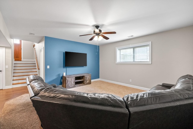 2157 Christina Ct, Hermitage, TN 37076 - living area with ceiling fan, stairs, carpet floors, and baseboards