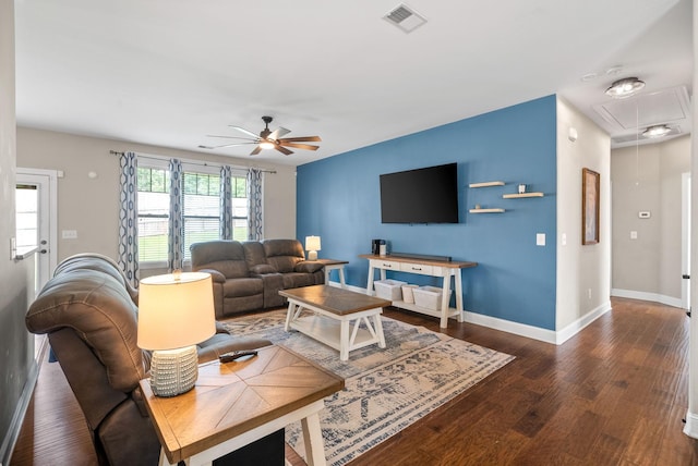 2157 Christina Ct, Hermitage, TN 37076 - living room featuring attic access, a ceiling fan, wood finished floors, and baseboards