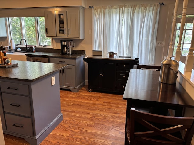 464 Loop Dr, Winchester, TN 37398 - kitchen featuring gray cabinets, light wood finished floors, a sink, dark countertops, and glass insert cabinets