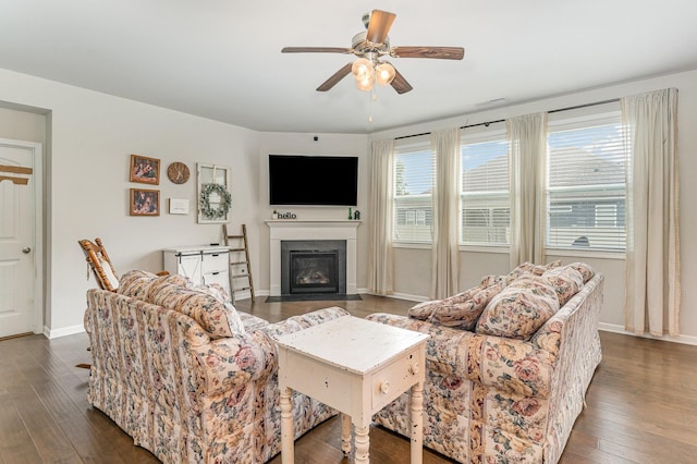 6531 Tulip Tree Dr, Murfreesboro, TN 37128 - living area with ceiling fan, dark wood finished floors, a fireplace with flush hearth, and baseboards