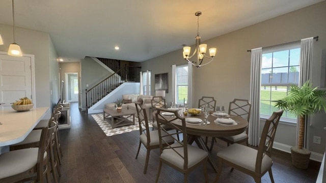 881 Meadowcrest Way, Lebanon, TN 37090 - dining space featuring dark wood-style flooring, a chandelier, stairway, and recessed lighting