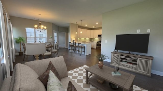 881 Meadowcrest Way, Lebanon, TN 37090 - living room with a chandelier, dark wood-type flooring, and recessed lighting
