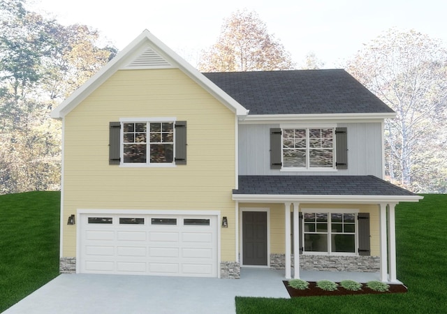 329 Neartop Ln, Murfreesboro, TN 37128 - traditional-style house with a garage, concrete driveway, a front yard, stone siding, and a shingled roof