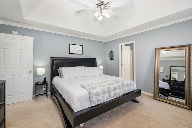 5026 Claude Dr, Smyrna, TN 37167 - bedroom with light carpet, crown molding, baseboards, a tray ceiling, and a ceiling fan