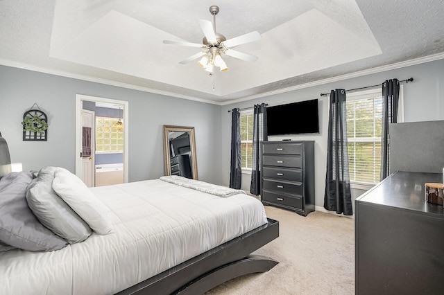 5026 Claude Dr, Smyrna, TN 37167 - bedroom featuring a tray ceiling, light carpet, a textured ceiling, crown molding, and connected bathroom