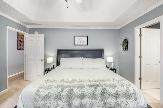 5026 Claude Dr, Smyrna, TN 37167 - bedroom featuring light colored carpet, ornamental molding, a raised ceiling, baseboards, and ceiling fan