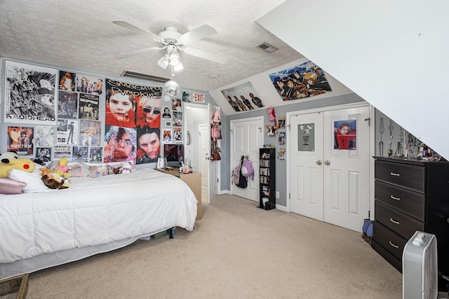 5026 Claude Dr, Smyrna, TN 37167 - bedroom with carpet floors, a textured ceiling, a ceiling fan, and vaulted ceiling