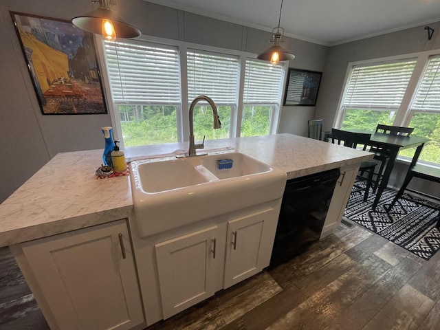 454 Slater Loop, Pikeville, TN 37367 - kitchen featuring a sink, black dishwasher, dark wood-style floors, a kitchen island with sink, and ornamental molding