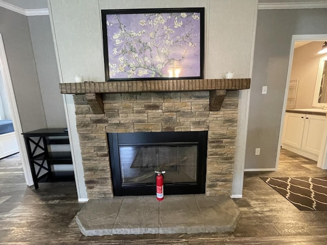 454 Slater Loop, Pikeville, TN 37367 - detailed view of crown molding, a fire extinguisher, wood finished floors, a fireplace, and baseboards
