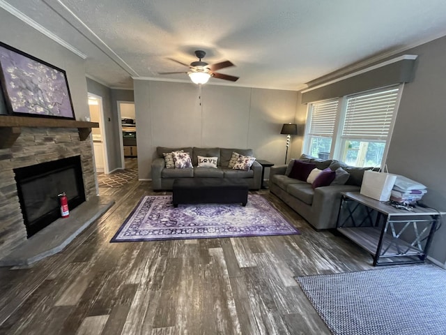 454 Slater Loop, Pikeville, TN 37367 - living room with wood finished floors, ceiling fan, a fireplace, and crown molding