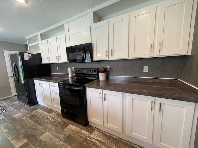 454 Slater Loop, Pikeville, TN 37367 - kitchen featuring black appliances, dark countertops, open shelves, white cabinetry, and ornamental molding