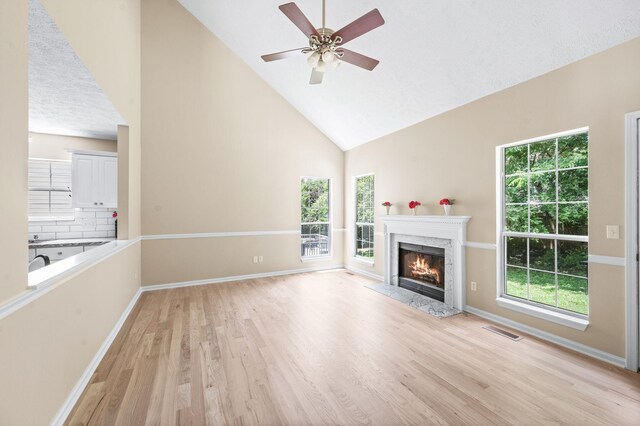 2210 Falcon Creek Dr, Franklin, TN 37067 - unfurnished living room featuring plenty of natural light, light wood finished floors, high vaulted ceiling, ceiling fan, and baseboards