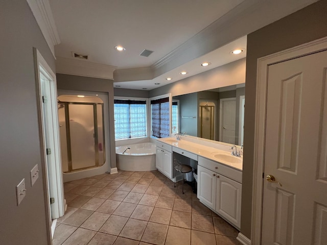 6464 Lebanon Rd, Murfreesboro, TN 37129 - bathroom with ornamental molding, a garden tub, double vanity, tile patterned flooring, and recessed lighting
