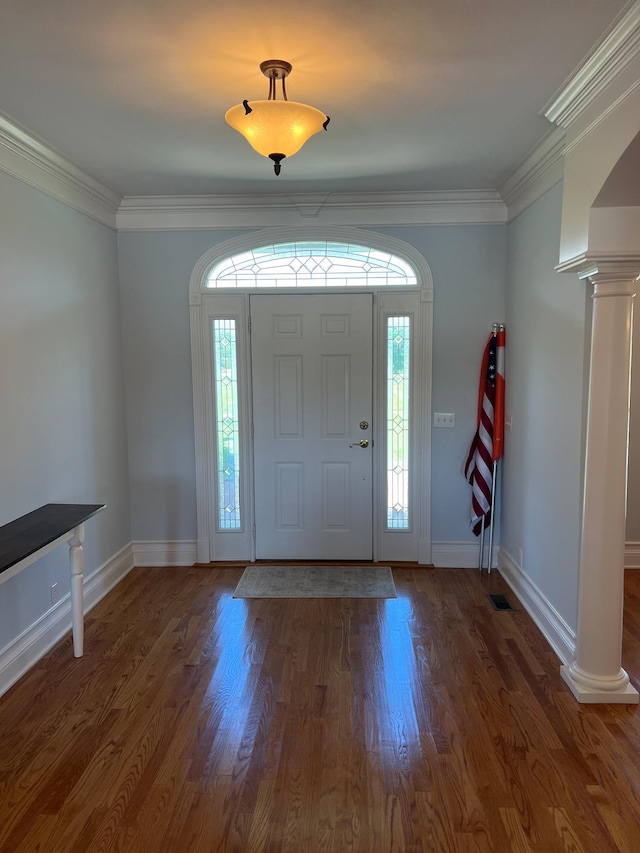6464 Lebanon Rd, Murfreesboro, TN 37129 - foyer entrance featuring ornate columns, wood finished floors, baseboards, and ornamental molding
