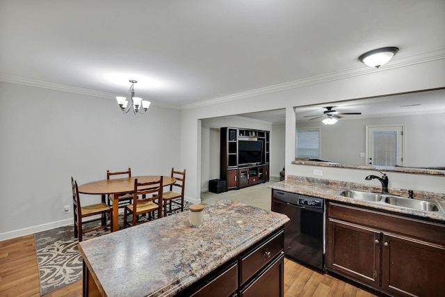 4822 Octavia St, Murfreesboro, TN 37129 - kitchen with black dishwasher, a sink, ornamental molding, a ceiling fan, and dark brown cabinets