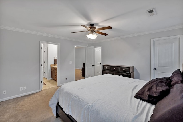 4822 Octavia St, Murfreesboro, TN 37129 - bedroom with crown molding, light colored carpet, baseboards, ensuite bathroom, and a ceiling fan