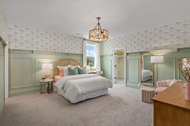 7271 Murrel Dr, Franklin, TN 37064 - bedroom with wallpapered walls, a decorative wall, carpet, a chandelier, and a wainscoted wall