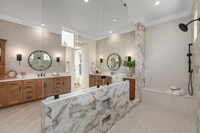 7271 Murrel Dr, Franklin, TN 37064 - full bathroom featuring walk in shower, crown molding, two vanities, and recessed lighting