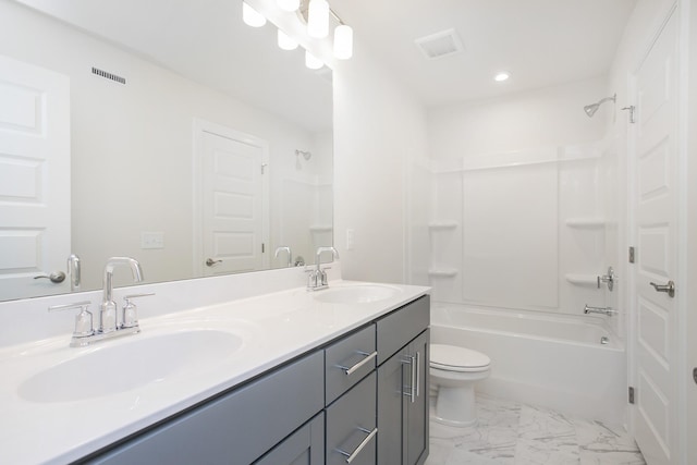3013 Kemp Dr, Hermitage, TN 37076 - bathroom with toilet, double vanity, bathing tub / shower combination, marble finish floors, and recessed lighting