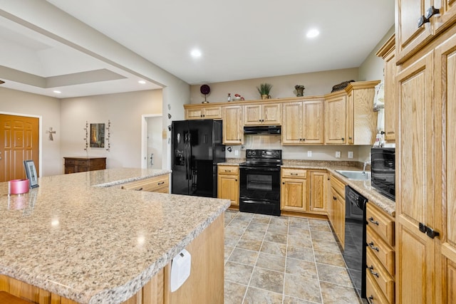 930 Eastover Rd, Lebanon, TN 37090 - kitchen with black appliances, under cabinet range hood, light brown cabinets, a sink, and recessed lighting