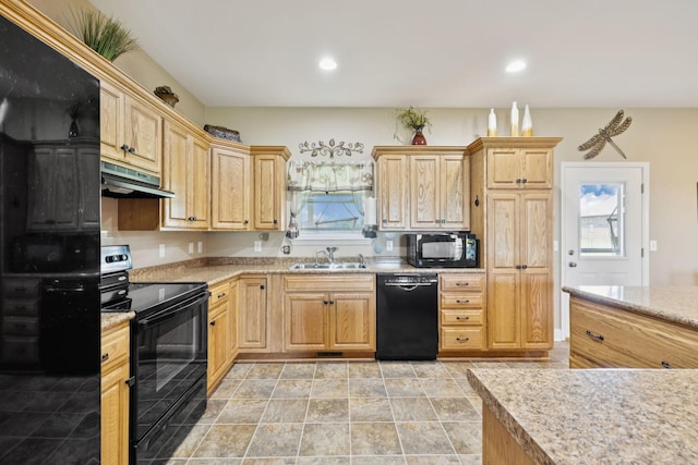 930 Eastover Rd, Lebanon, TN 37090 - kitchen featuring black appliances, under cabinet range hood, a sink, light brown cabinetry, and recessed lighting