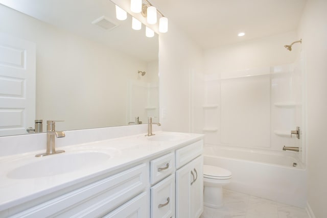 3263 Kemp Dr, Hermitage, TN 37076 - full bath featuring toilet, double vanity, shower / tub combination, marble finish floors, and recessed lighting