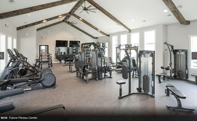 2550 Ashford Dr, Mount Juliet, TN 37122 - workout area with high vaulted ceiling, beamed ceiling, plenty of natural light, and ceiling fan