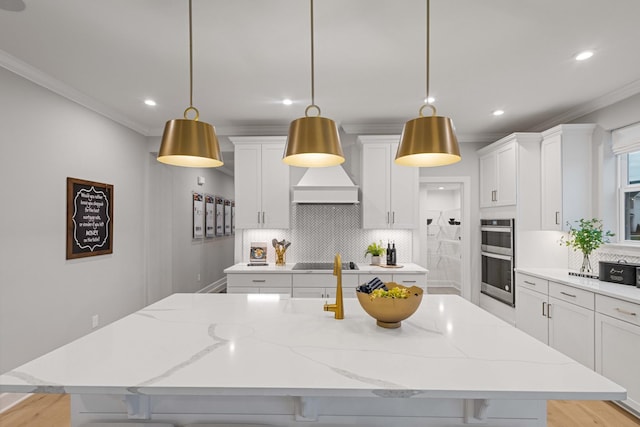 2521 Kingston Ct, Mount Juliet, TN 37122 - kitchen featuring double oven, crown molding, black electric stovetop, decorative backsplash, and white cabinetry