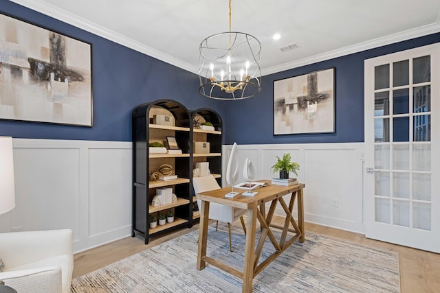 2521 Kingston Ct, Mount Juliet, TN 37122 - office space with a decorative wall, ornamental molding, a chandelier, wood finished floors, and a wainscoted wall