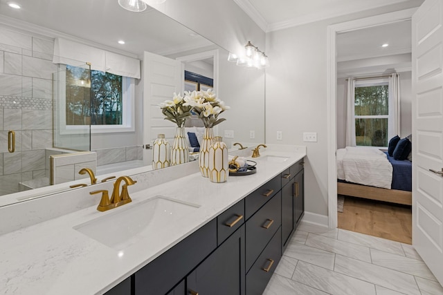 2521 Kingston Ct, Mount Juliet, TN 37122 - ensuite bathroom featuring ornamental molding, double vanity, marble look tile flooring, recessed lighting, and a shower stall