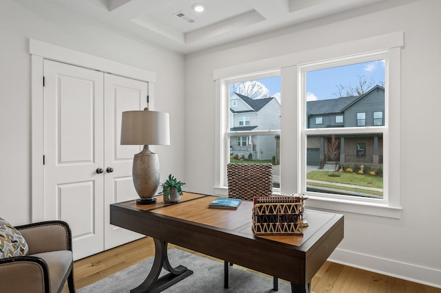 1005 Cherry Tree Dr, Mount Juliet, TN 37122 - office area featuring light wood-style flooring, coffered ceiling, beamed ceiling, baseboards, and recessed lighting