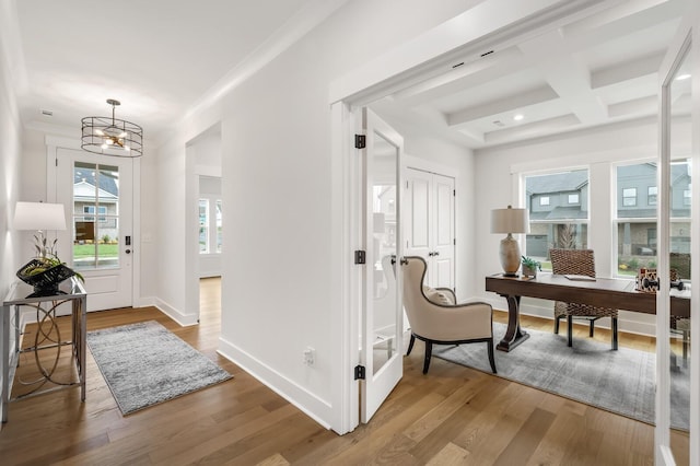 1005 Cherry Tree Dr, Mount Juliet, TN 37122 - entrance foyer with wood finished floors, coffered ceiling, a chandelier, baseboards, and beamed ceiling