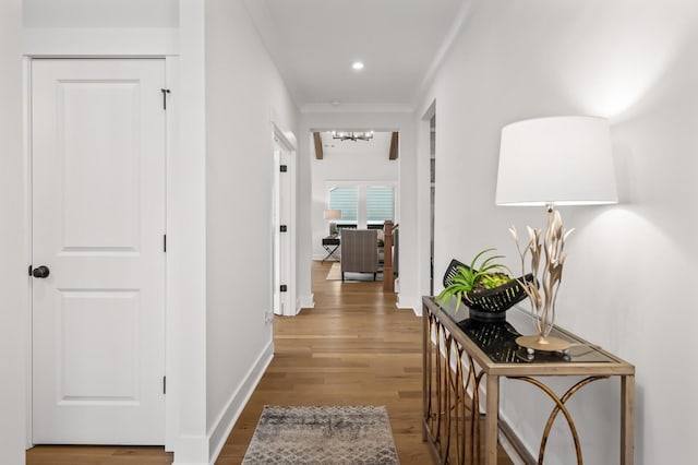 1005 Cherry Tree Dr, Mount Juliet, TN 37122 - hall featuring wood finished floors, a chandelier, baseboards, and ornamental molding