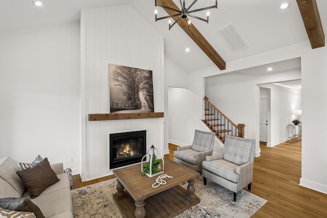 1005 Cherry Tree Dr, Mount Juliet, TN 37122 - living area featuring recessed lighting, wood finished floors, baseboards, beamed ceiling, and a chandelier