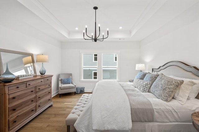 1005 Cherry Tree Dr, Mount Juliet, TN 37122 - bedroom with a raised ceiling, a chandelier, light wood-style flooring, recessed lighting, and baseboards