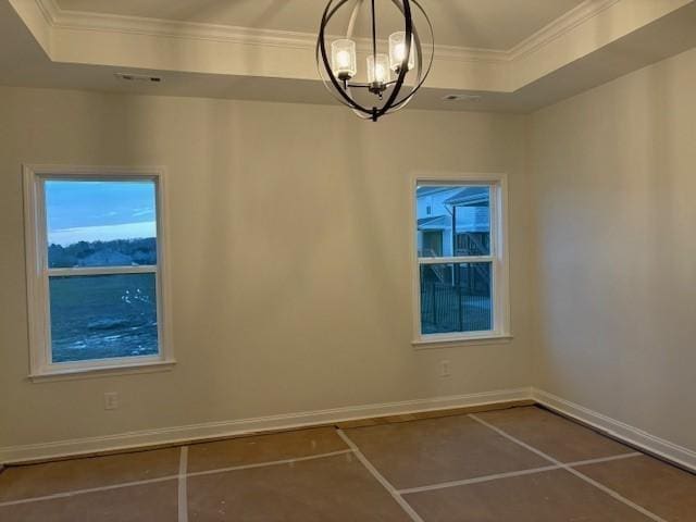 1320 Ashton Park Dr, Mount Juliet, TN 37122 - tiled empty room with a tray ceiling, a chandelier, ornamental molding, and baseboards