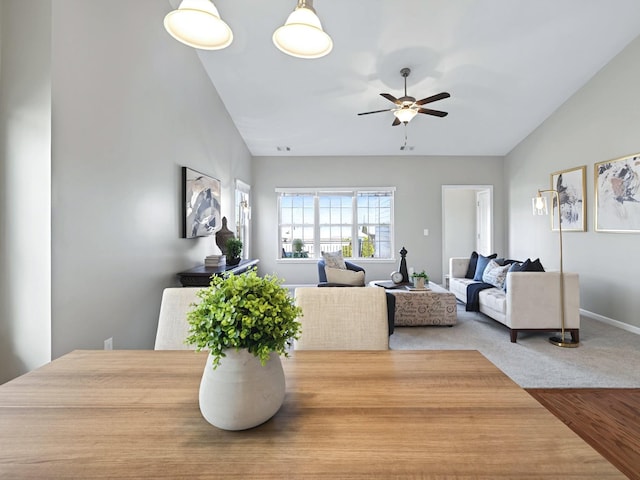 2438 Arden Village Dr, Columbia, TN 38401 - dining room featuring vaulted ceiling, ceiling fan, baseboards, and carpet flooring