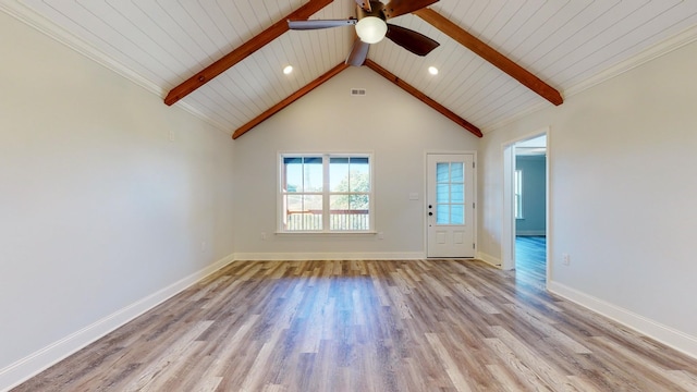 9716 Campbellsville Rd, Pulaski, TN 38478 - unfurnished living room with a ceiling fan, light wood finished floors, recessed lighting, baseboards, and wood ceiling with exposed beams