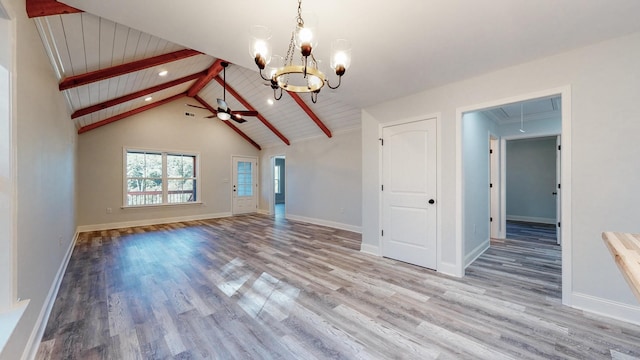 9716 Campbellsville Rd, Pulaski, TN 38478 - unfurnished living room featuring attic access, a chandelier, wood finished floors, and recessed lighting