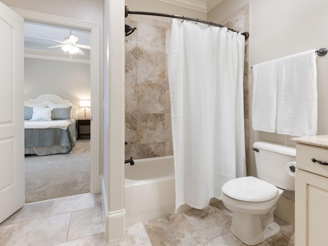 5007 Buds Farm Ln, Franklin, TN 37064 - bathroom with ornamental molding, ensuite bathroom, shower / bath combo with shower curtain, a ceiling fan, and toilet