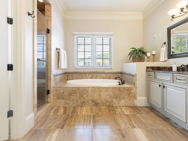 5007 Buds Farm Ln, Franklin, TN 37064 - full bath featuring plenty of natural light, a garden tub, vanity, ornamental molding, and a shower with shower door