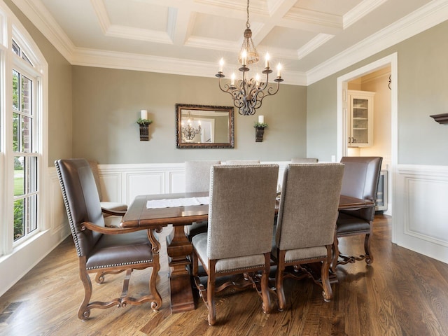 5007 Buds Farm Ln, Franklin, TN 37064 - dining area featuring a chandelier, coffered ceiling, crown molding, wood finished floors, and wainscoting