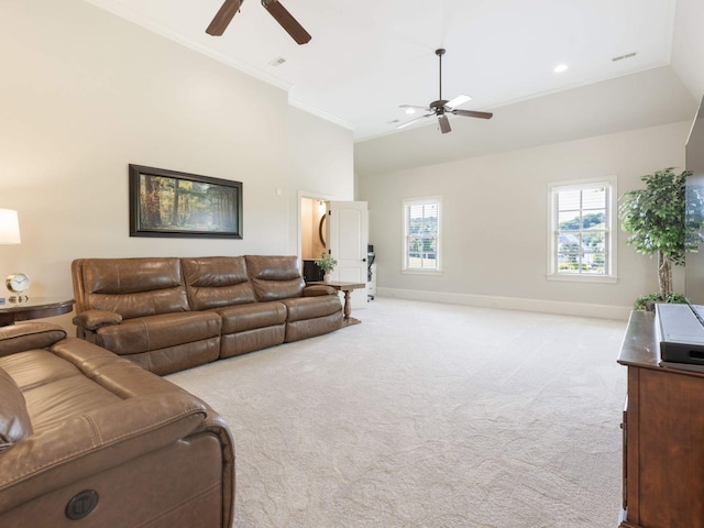 5007 Buds Farm Ln, Franklin, TN 37064 - living area featuring a ceiling fan, light colored carpet, plenty of natural light, baseboards, and crown molding