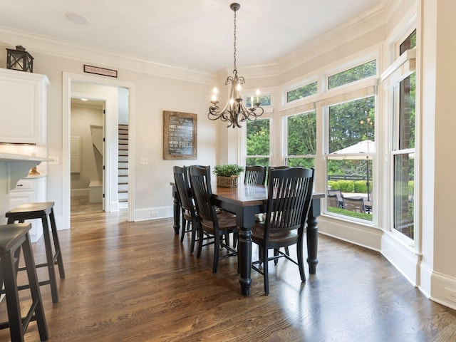 5007 Buds Farm Ln, Franklin, TN 37064 - dining area with stairway, baseboards, a chandelier, dark wood-style flooring, and ornamental molding