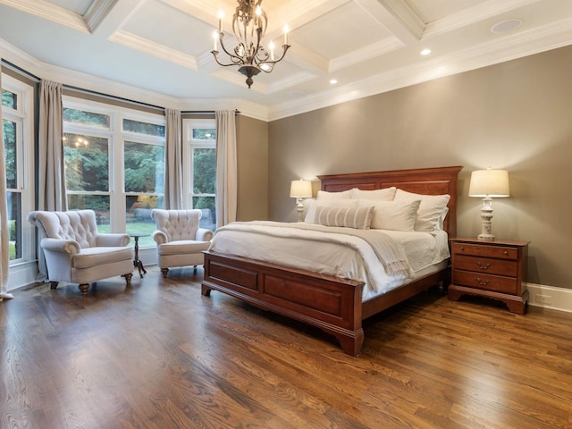 5007 Buds Farm Ln, Franklin, TN 37064 - bedroom with coffered ceiling, a chandelier, wood finished floors, beamed ceiling, and crown molding