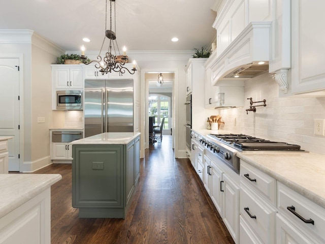 5007 Buds Farm Ln, Franklin, TN 37064 - kitchen with built in appliances, a warming drawer, white cabinets, custom range hood, and dark wood finished floors